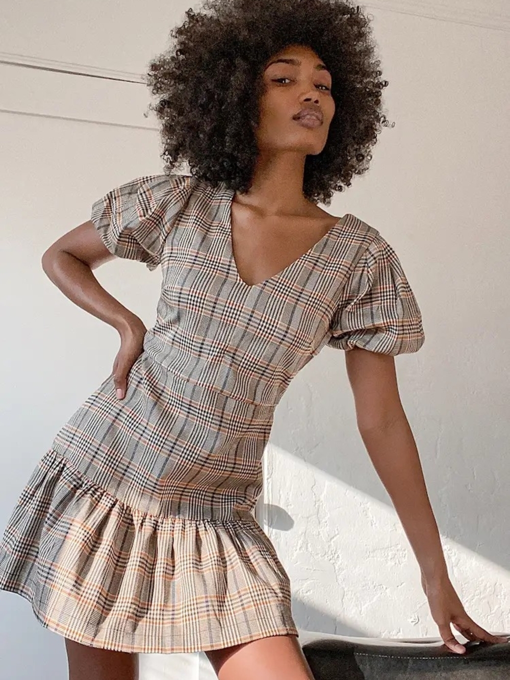 Lulu's Beige and Black Plaid Puff-Sleeve Mini Dress